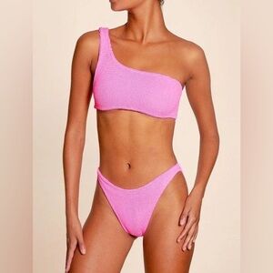 Hunza G Bikini Set Pink Nancy One Shoulder Swimsuit New Crinkle Stretchy
